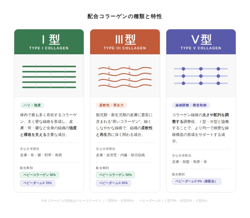 コラーゲンの種類と特性 ベビーコラーゲン（ヒューマラジェン）vs ベビーダーム 皮膚内での働きと配合比率